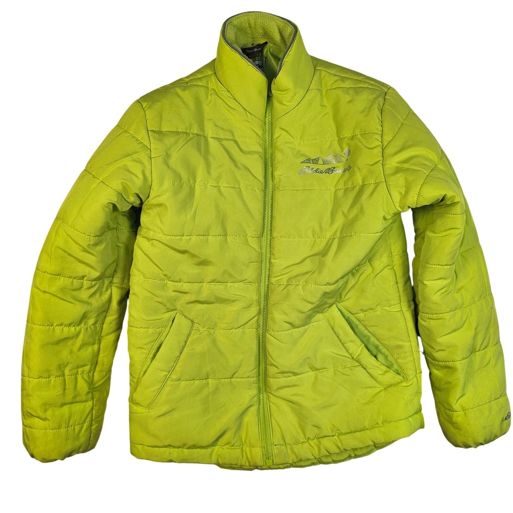 Eddie Bauer Kids Lime Green Quilted Puffer Jacket Size S 7/8 Full ZipFleece Neck